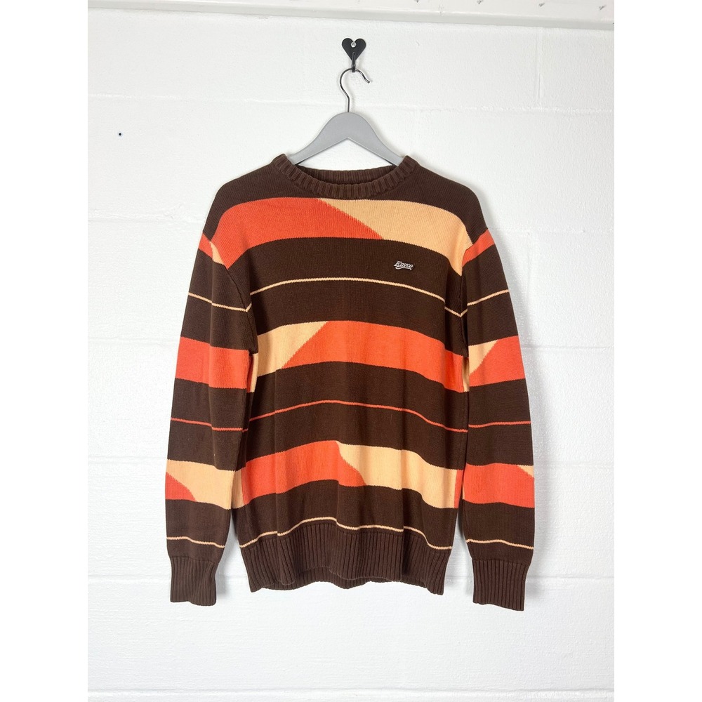 Enyce Mens XL Striped Colorblock Crewneck Sweater Brown Orange Cotton Blend